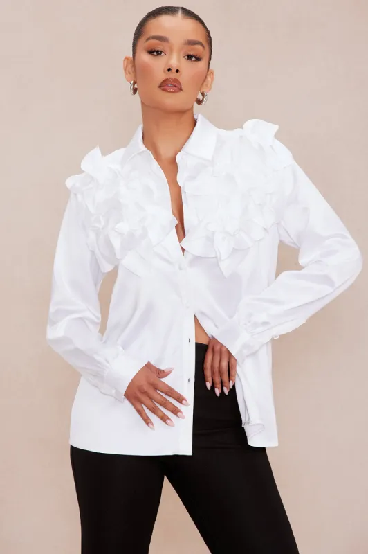 Elise Floral Applique Satin Shirt - White sold by Fashion Nova
