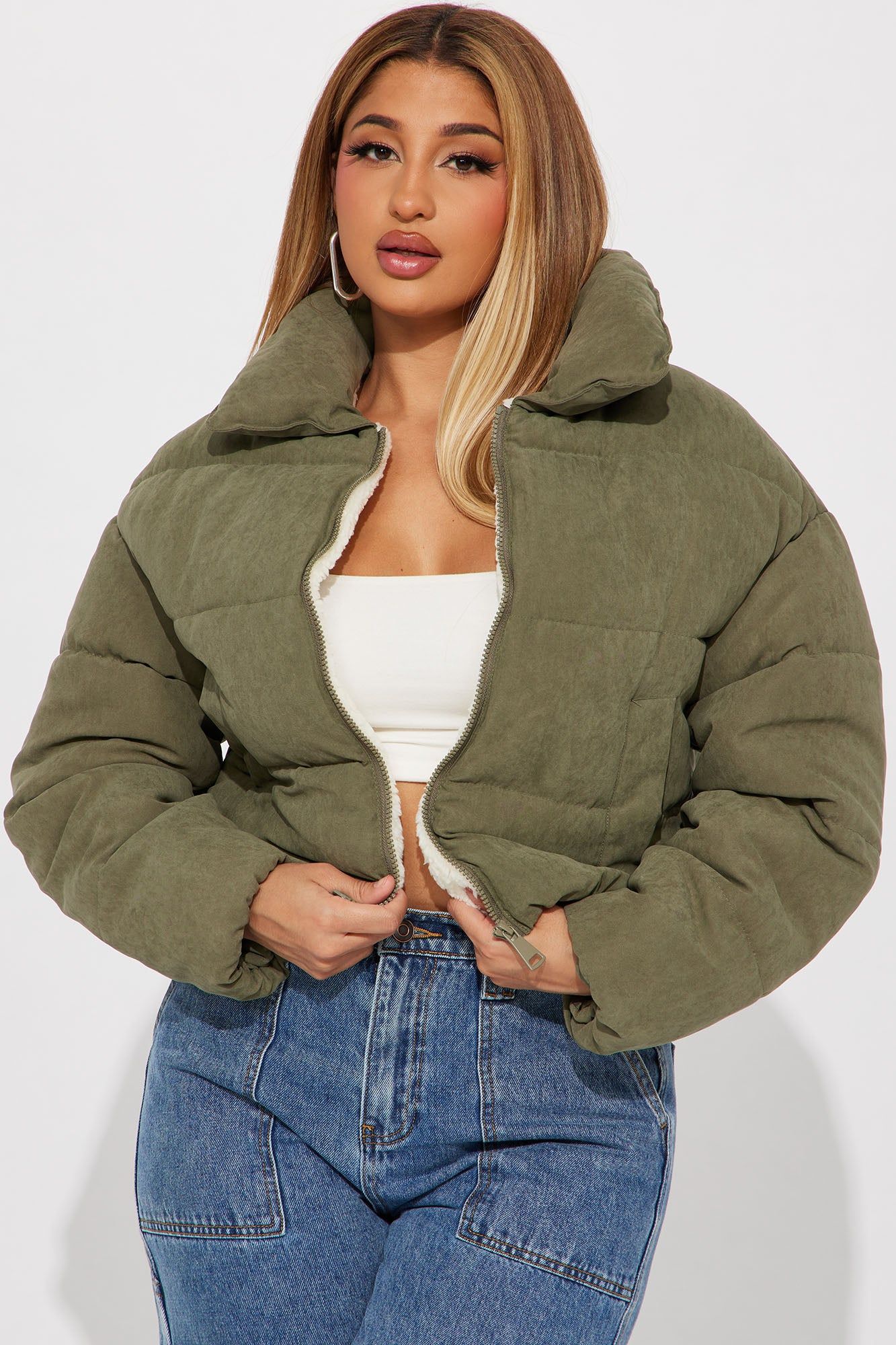 Too Hot To Handle Puffer Jacket - Olive sold by Fashion Nova