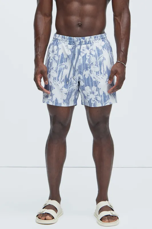 Irwin Distressed Swim Trunks - Blue/combo sold by Fashion Nova