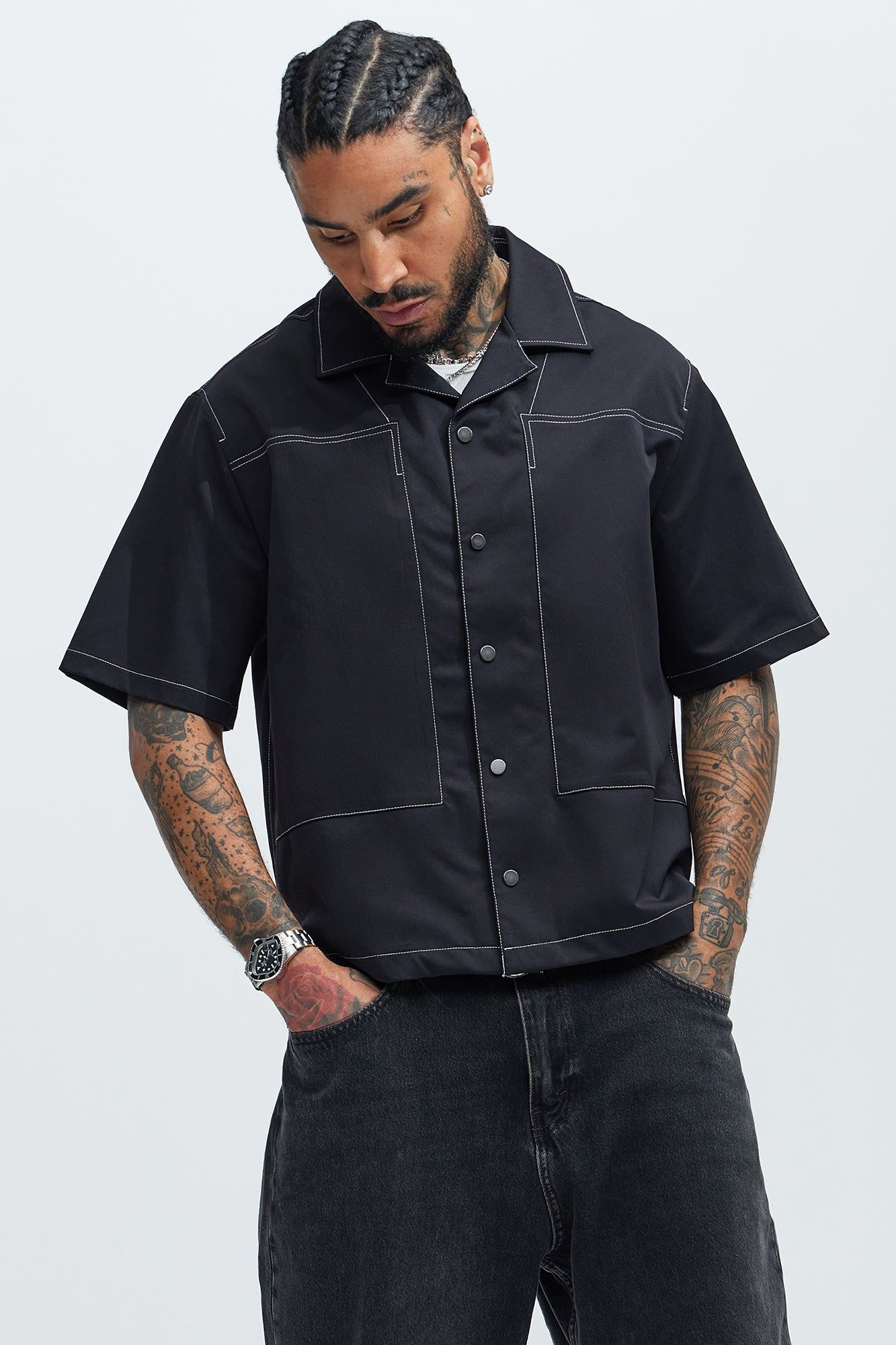 Hudson Contrast Stitching Shirt - Black sold by Fashion Nova