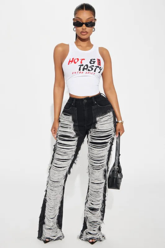 Know The Drill Shredded Bootcut Jeans - Black sold by Fashion Nova