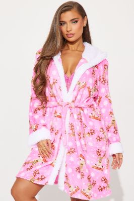 Reindeer Kiss Plush PJ Robe - Pink/combo sold by Fashion Nova