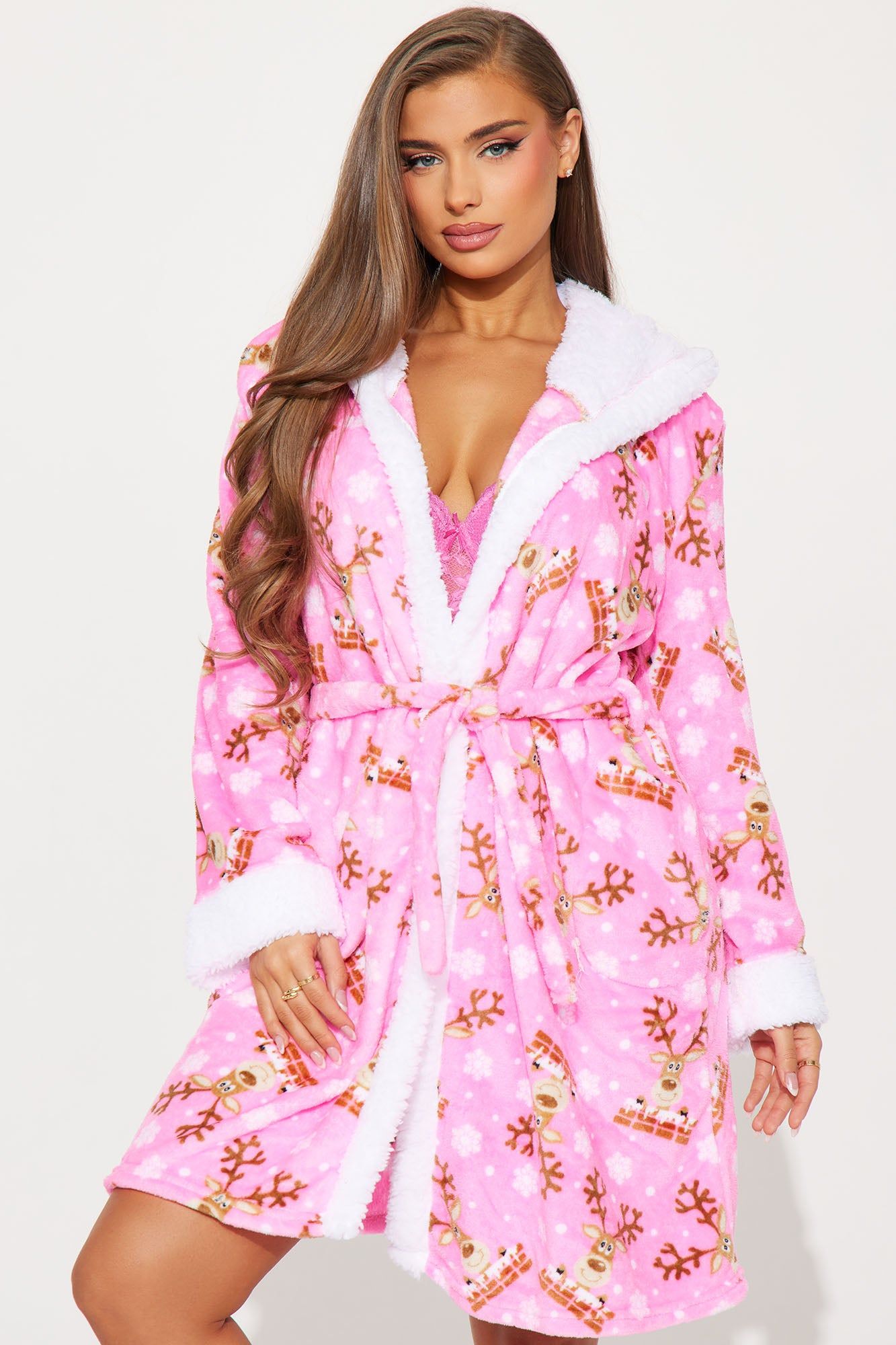 Reindeer Kiss Plush PJ Robe - Pink/combo sold by Fashion Nova