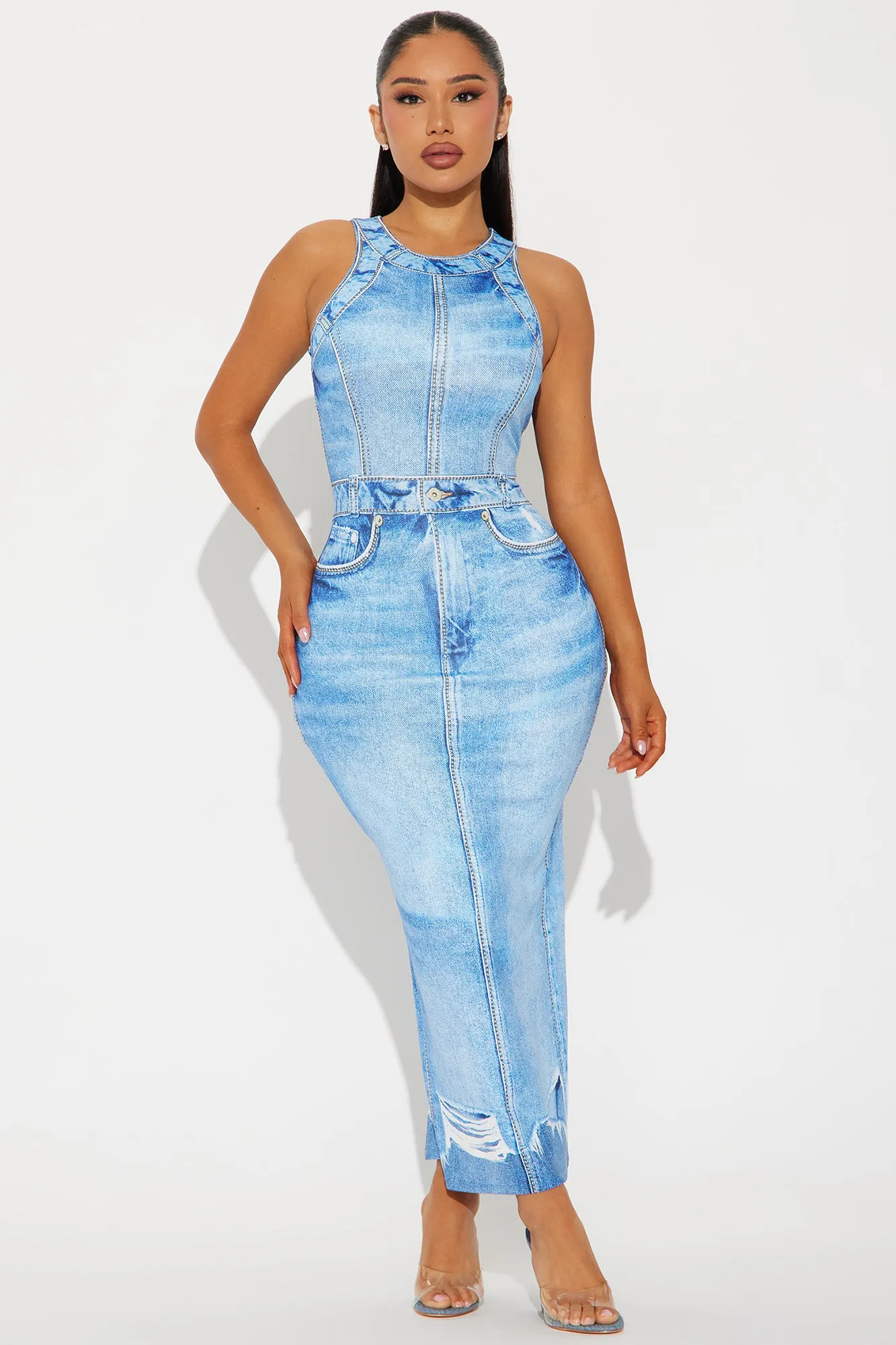 Leigh Denim Print Maxi Dress - Blue sold by Fashion Nova