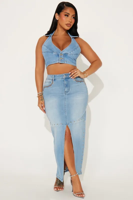 In My Era Studded Denim Maxi Skirt - Light Wash sold by Fashion Nova