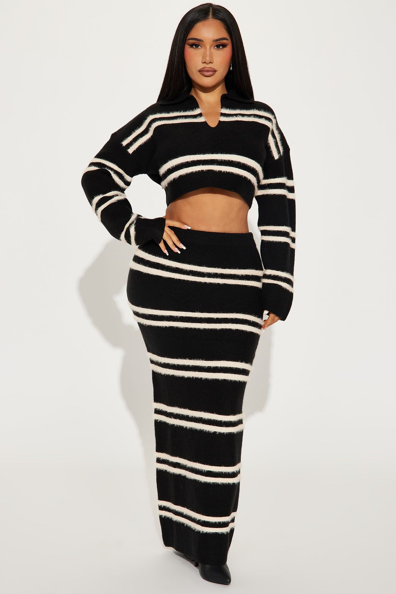 Making Plans Sweater Skirt Set - Black/White sold by Fashion Nova