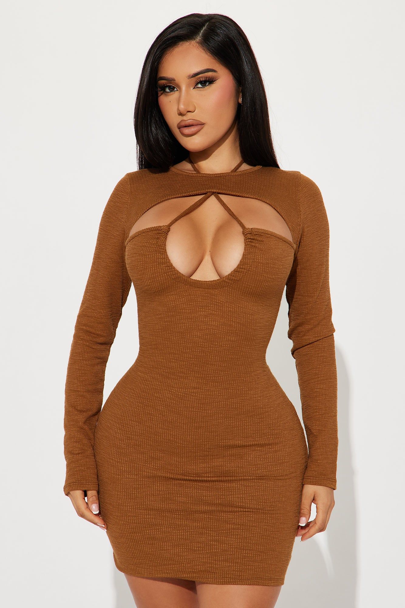 Zoey Textured Mini Dress - Brown sold by Fashion Nova