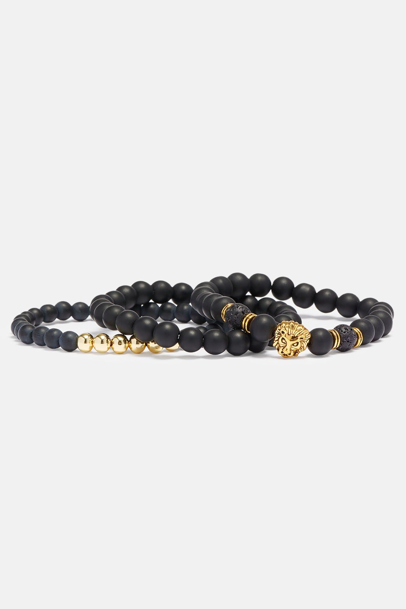 Lion Beaded Bracelet Set - Gold/Black sold by Fashion Nova