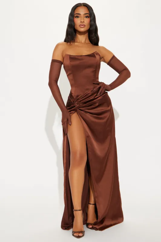Teagan Satin Maxi Dress Set - Chocolate sold by Fashion Nova