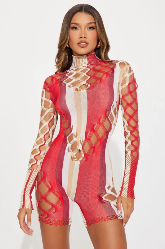 Till Dawn Seamless Romper - Red/combo sold by Fashion Nova