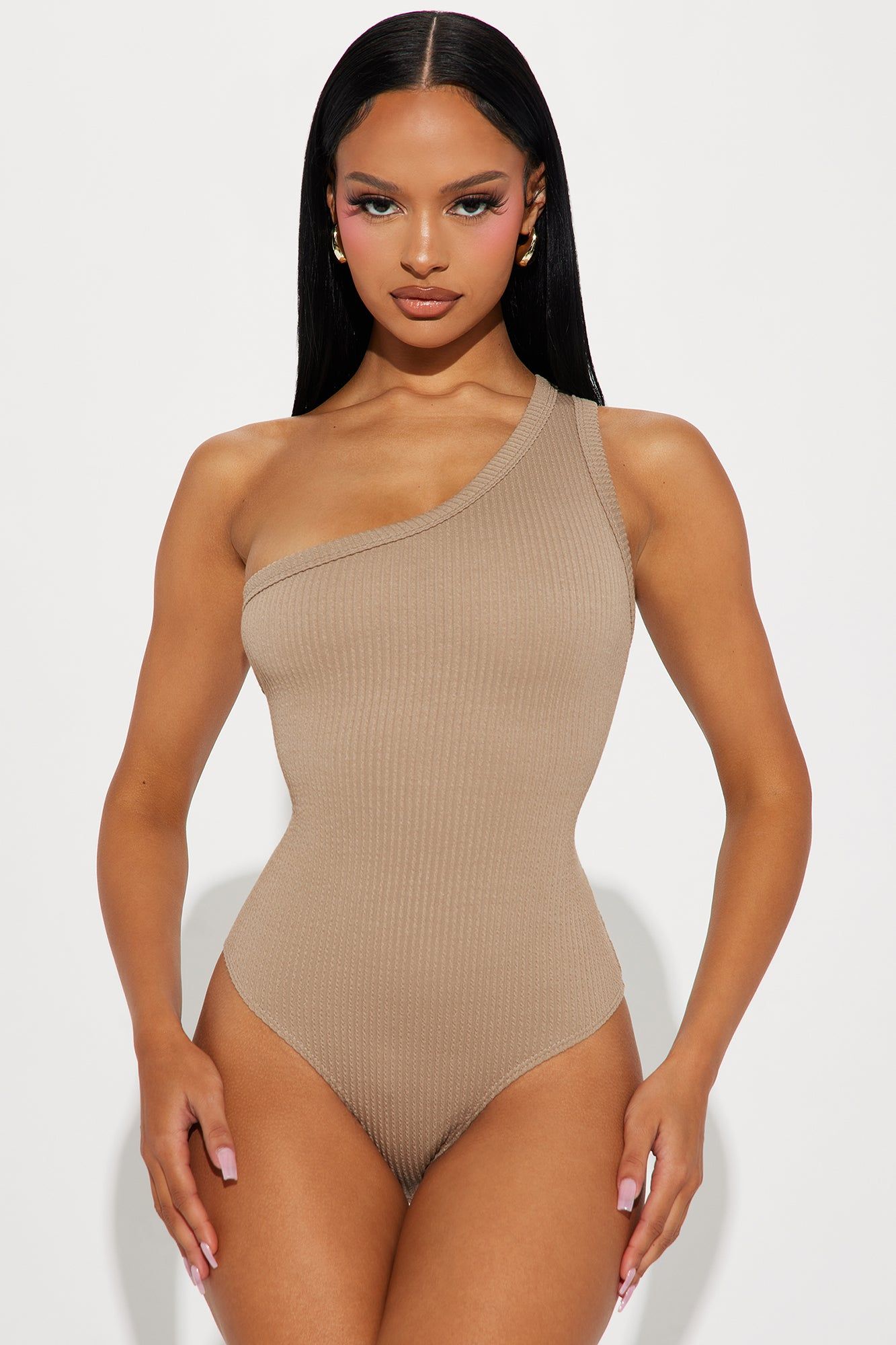 Good Energy One Shoulder Bodysuit - Taupe sold by Fashion Nova