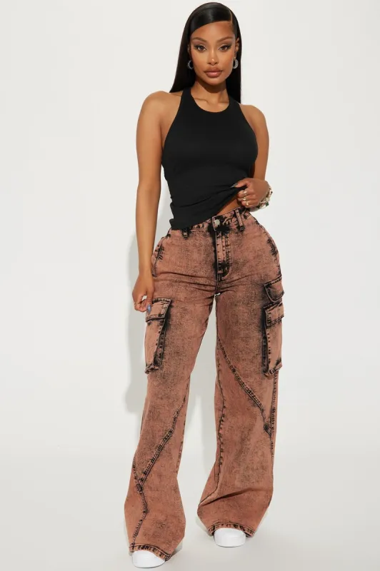 Always On Cargo Acid Wash Jeans - Peach sold by Fashion Nova