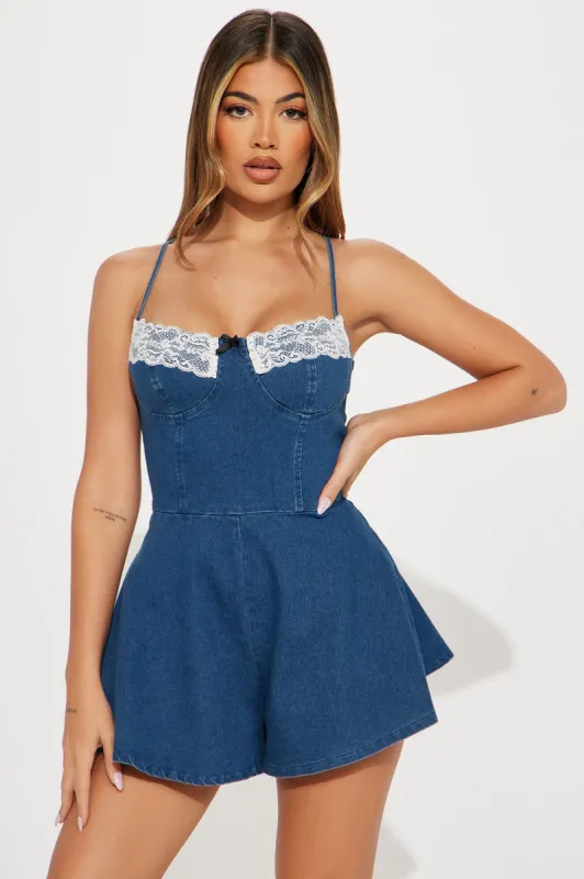 Got Her Own Denim Romper - Dark Wash sold by Fashion Nova