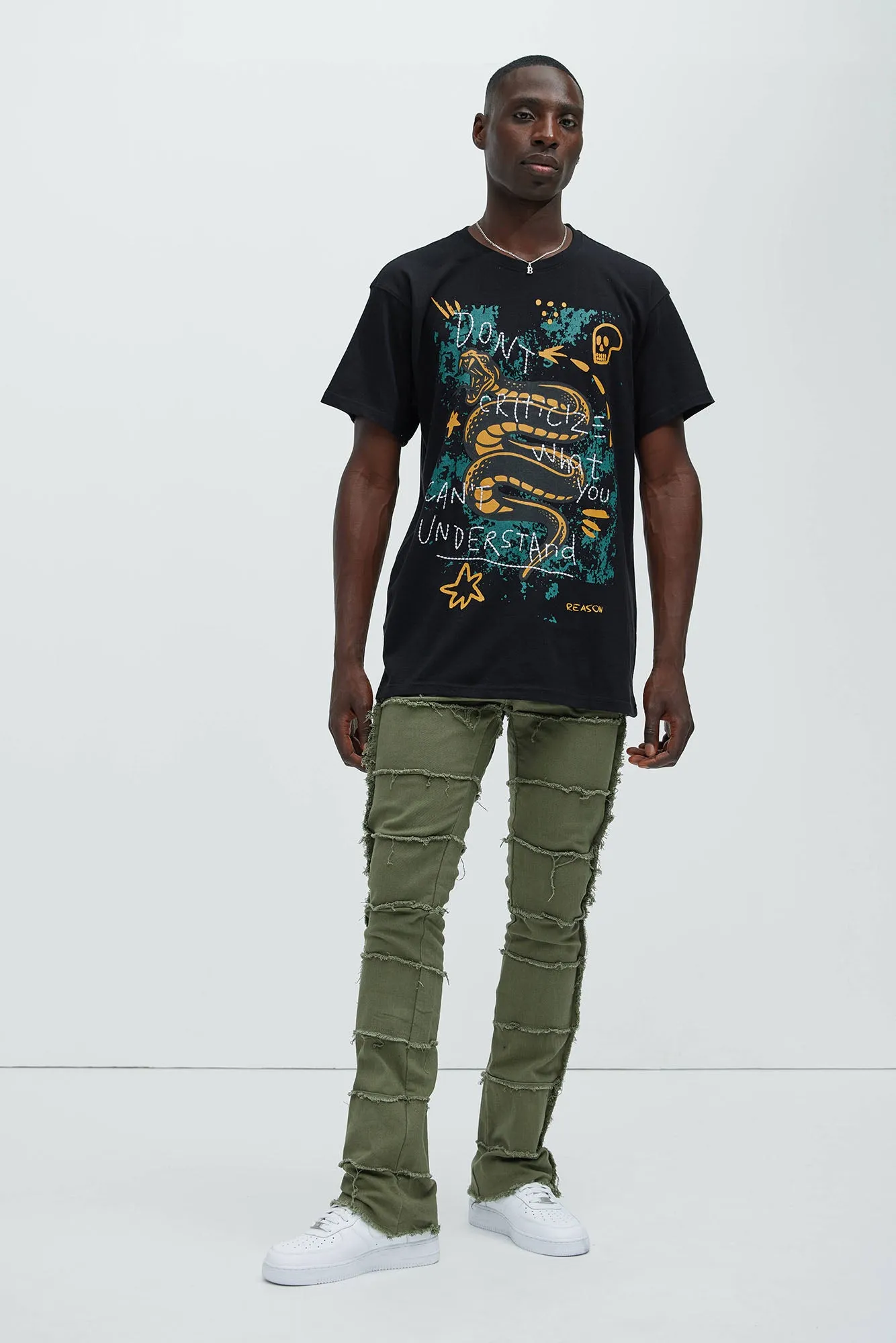 Your Way Frayed Stacked Skinny Flare Pants - Olive sold by Fashion Nova product image thumbnail 2