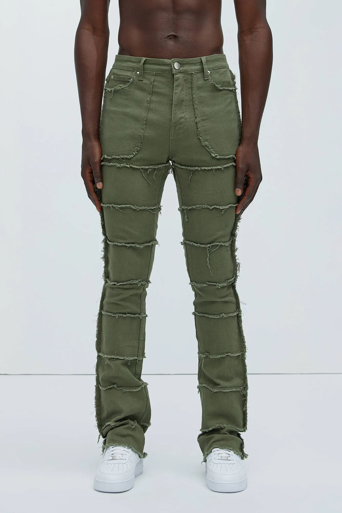 Your Way Frayed Stacked Skinny Flare Pants - Olive sold by Fashion Nova
