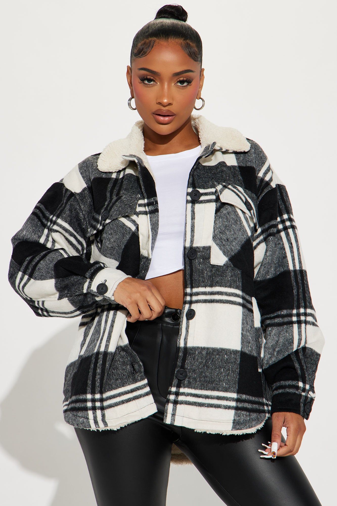 Down The Line Plaid Shacket - Black/combo sold by Fashion Nova