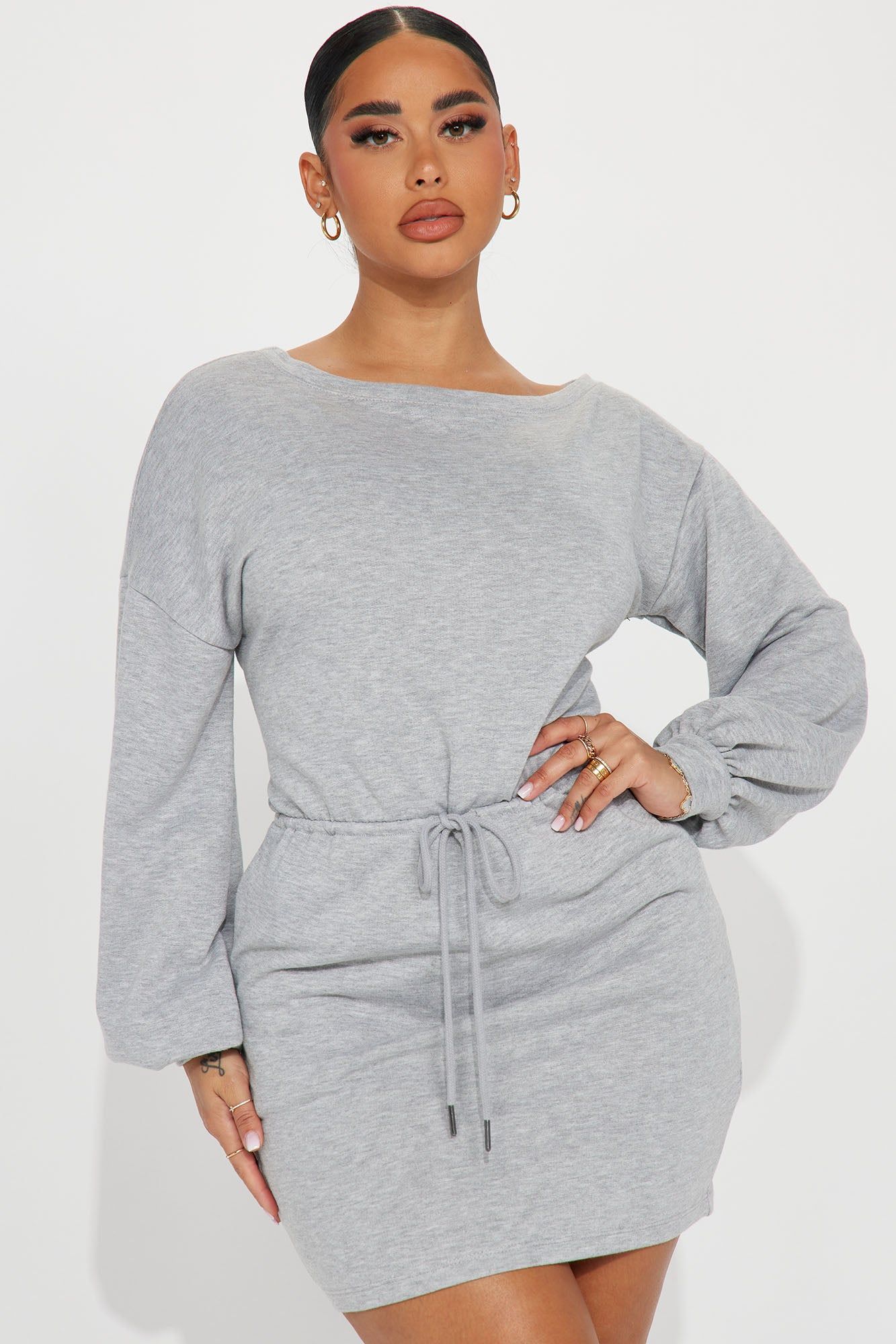 Just Chillin French Terry Mini Dress - Heather Grey sold by Fashion Nova