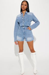 Feel No Ways Denim Romper - Light Wash sold by Fashion Nova