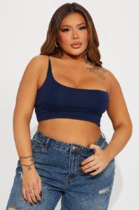 Selena One Shoulder Crop Top - Navy sold by Fashion Nova