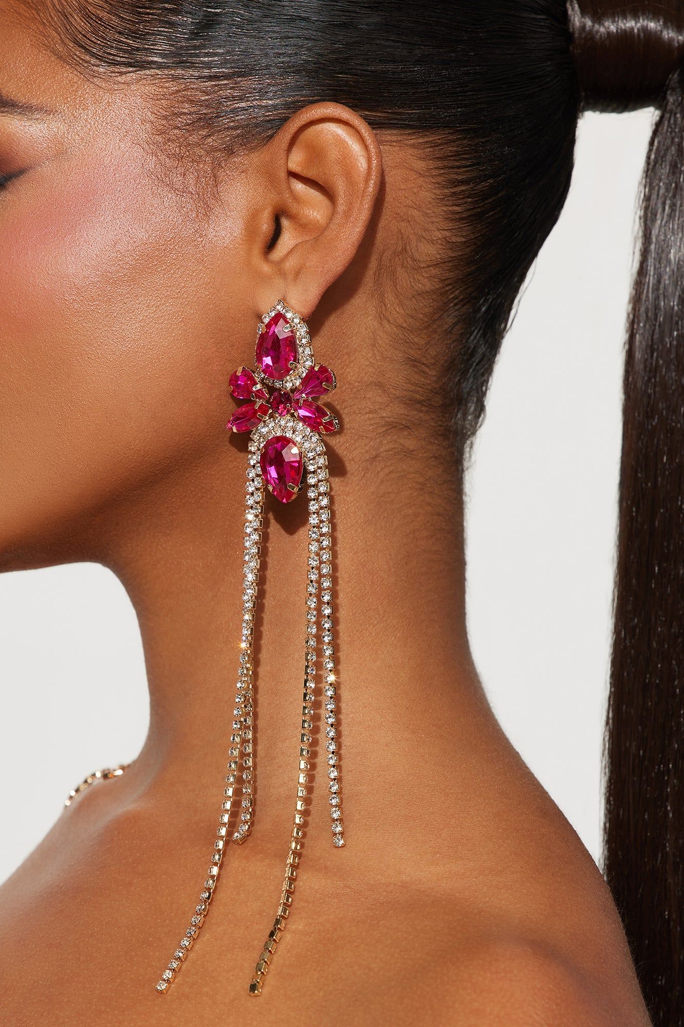 Fancy Night Out Earrings - Gold/Fuchsia sold by Fashion Nova