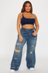 Selena One Shoulder Crop Top - Navy sold by Fashion Nova