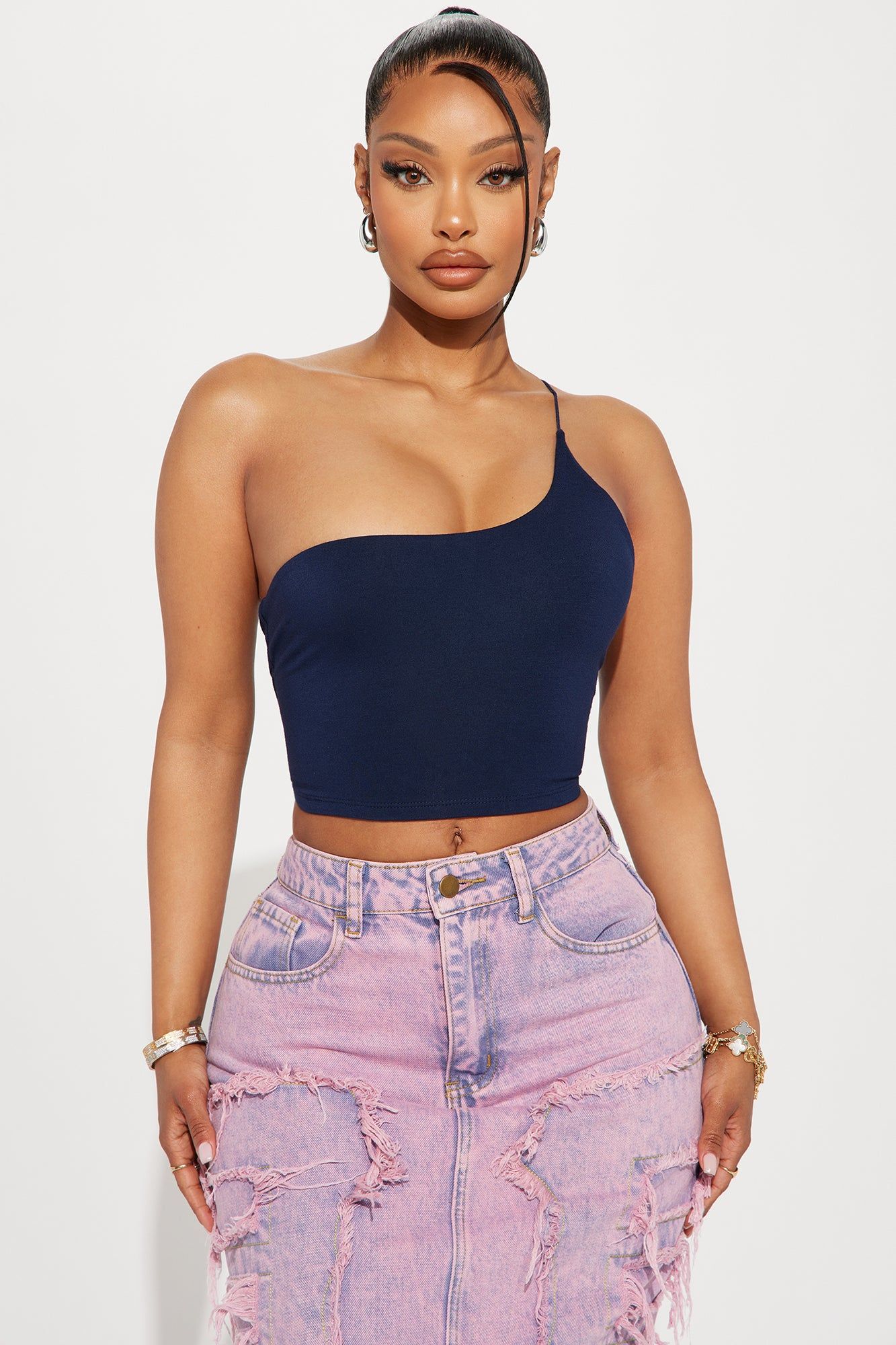Selena One Shoulder Crop Top - Navy sold by Fashion Nova