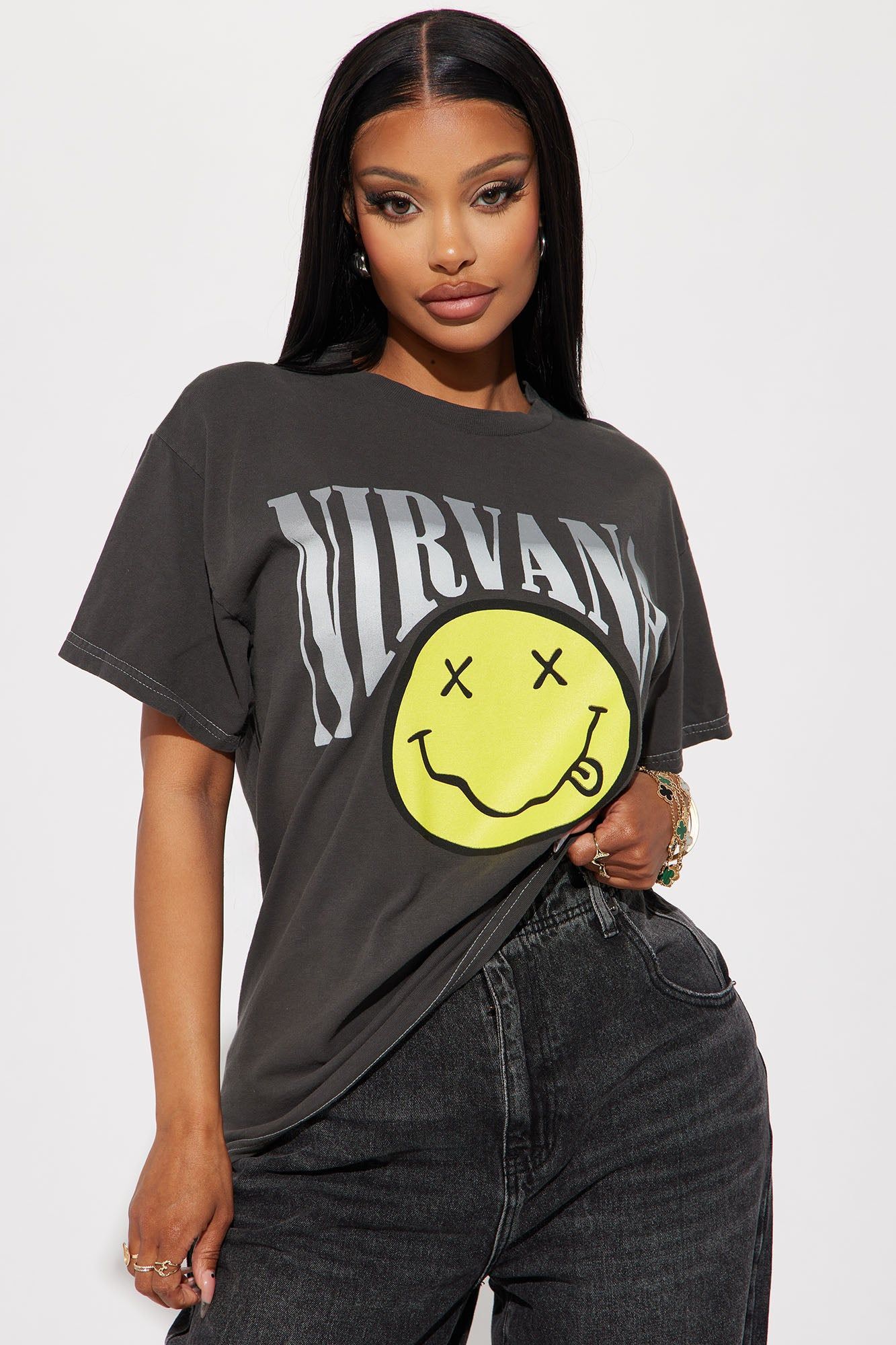 Nirvana Arched Logo Washed Tee - Black Wash sold by Fashion Nova
