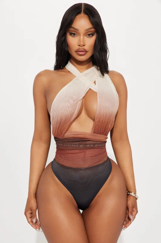 Booking Flights Mesh Bodysuit - Brown/combo sold by Fashion Nova