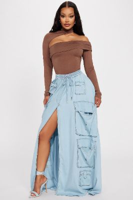 Fashion Statement Cargo Maxi Skirt - Light Wash sold by Fashion Nova