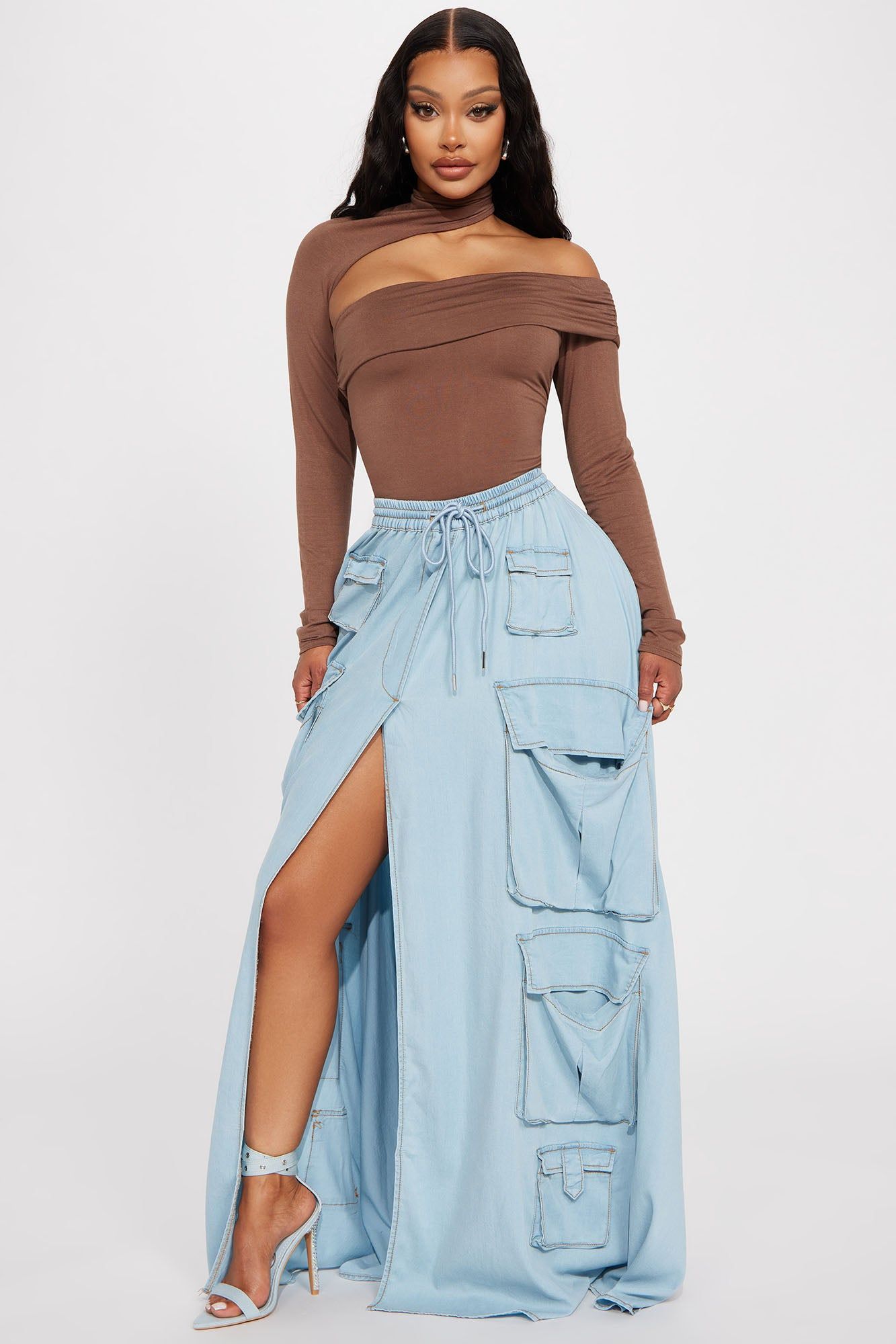 Fashion Statement Cargo Maxi Skirt - Light Wash sold by Fashion Nova