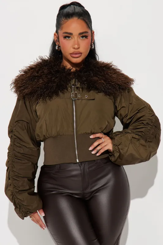 Take The Lead Cropped Puffer - Olive sold by Fashion Nova