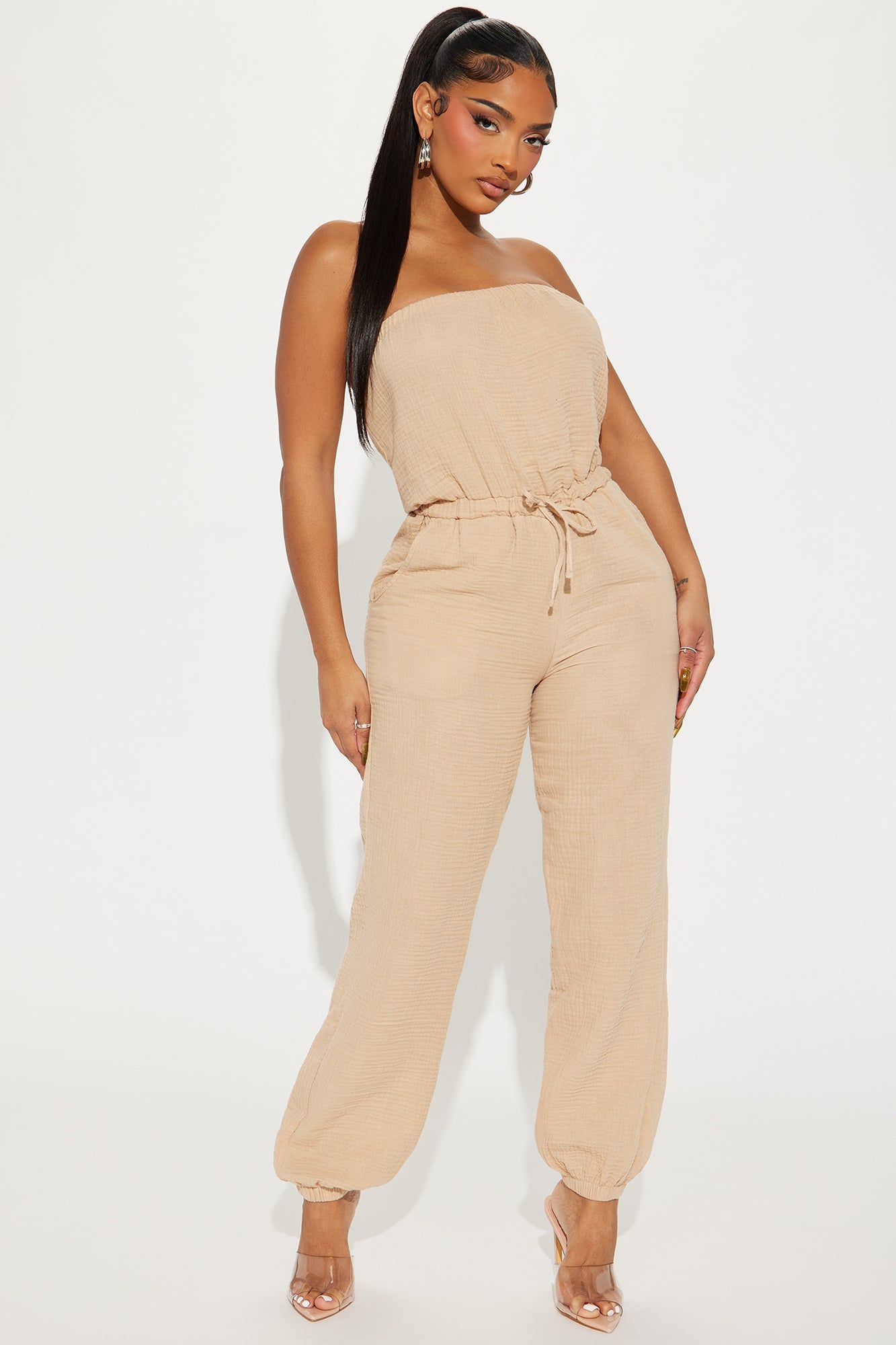 Beach Babe Gauze Jumpsuit - Taupe sold by Fashion Nova