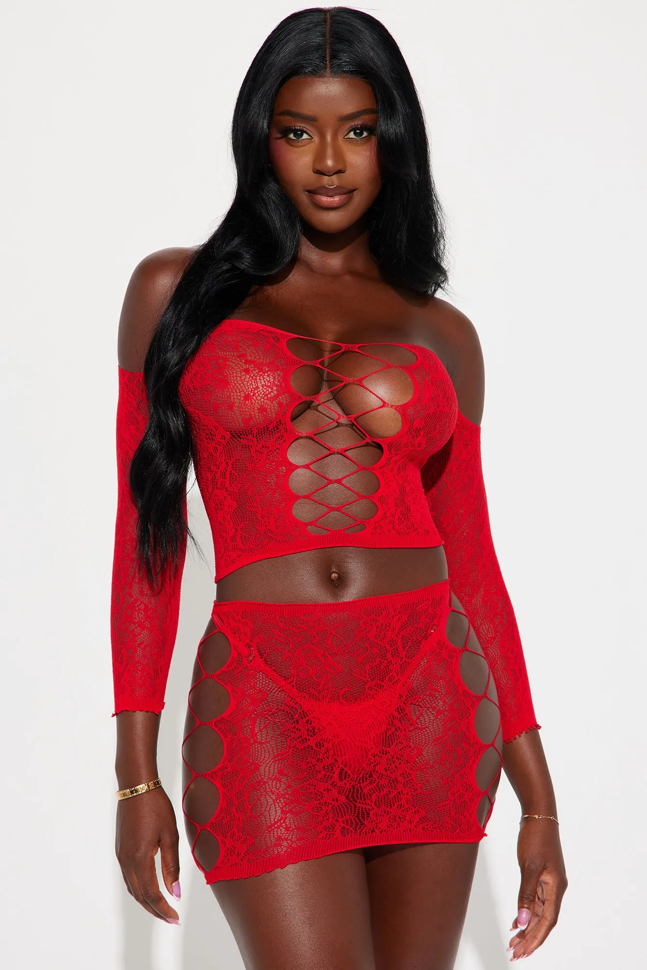 Patty Fishnet Bodystocking Set - Red sold by Fashion Nova