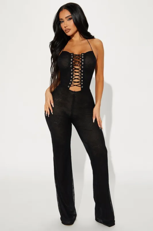 Hot Date Lace Jumpsuit  - Black sold by Fashion Nova
