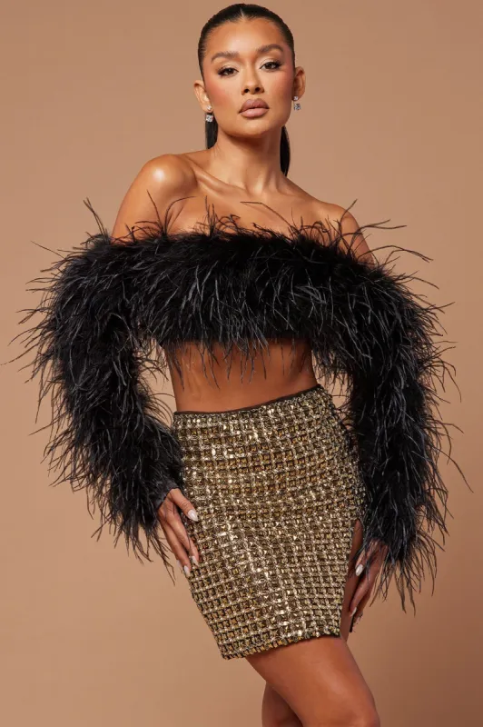 Kourt Feather Embellished Crop Top - Black sold by Fashion Nova