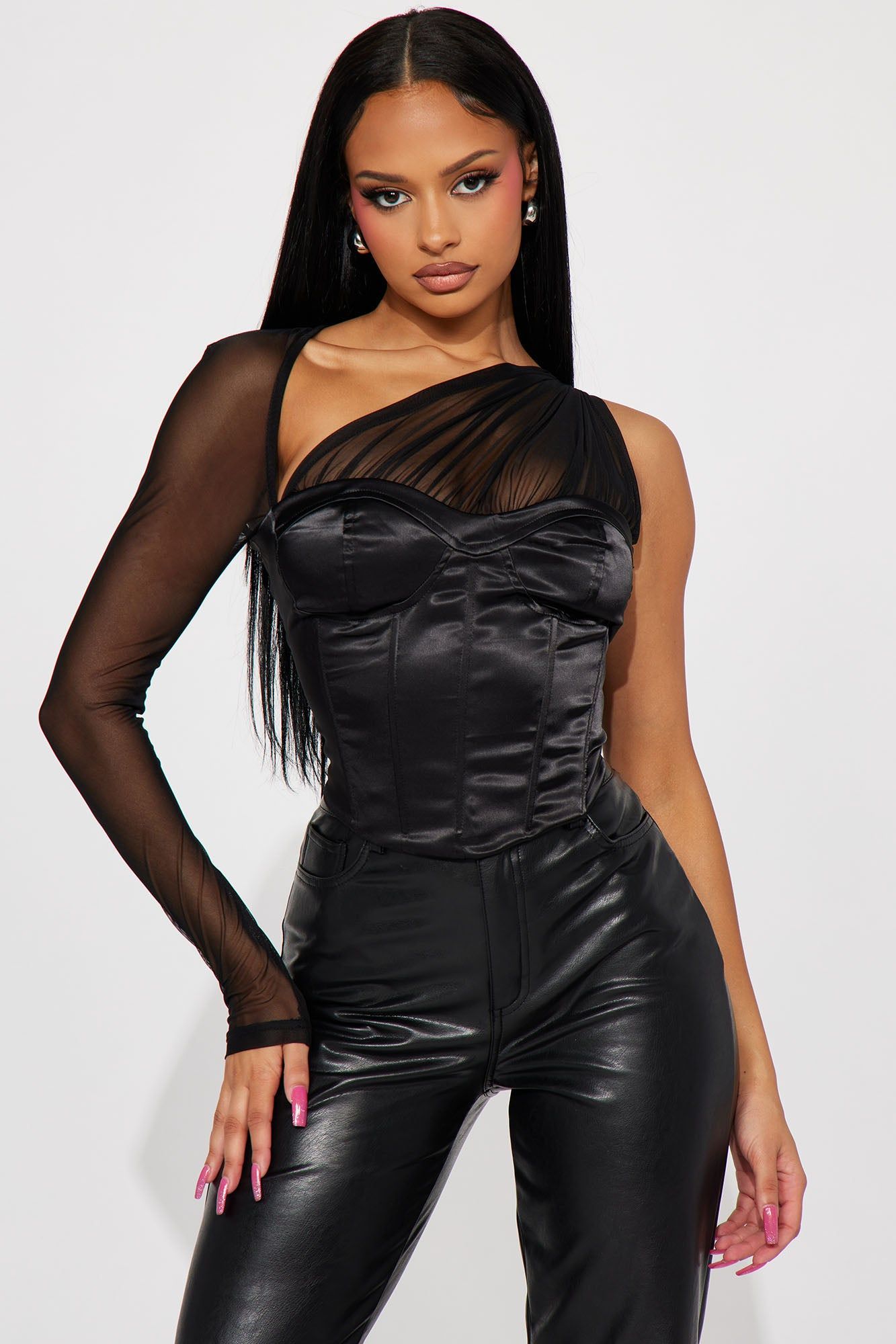 Danielle One Shoulder Corset Top - Black sold by Fashion Nova