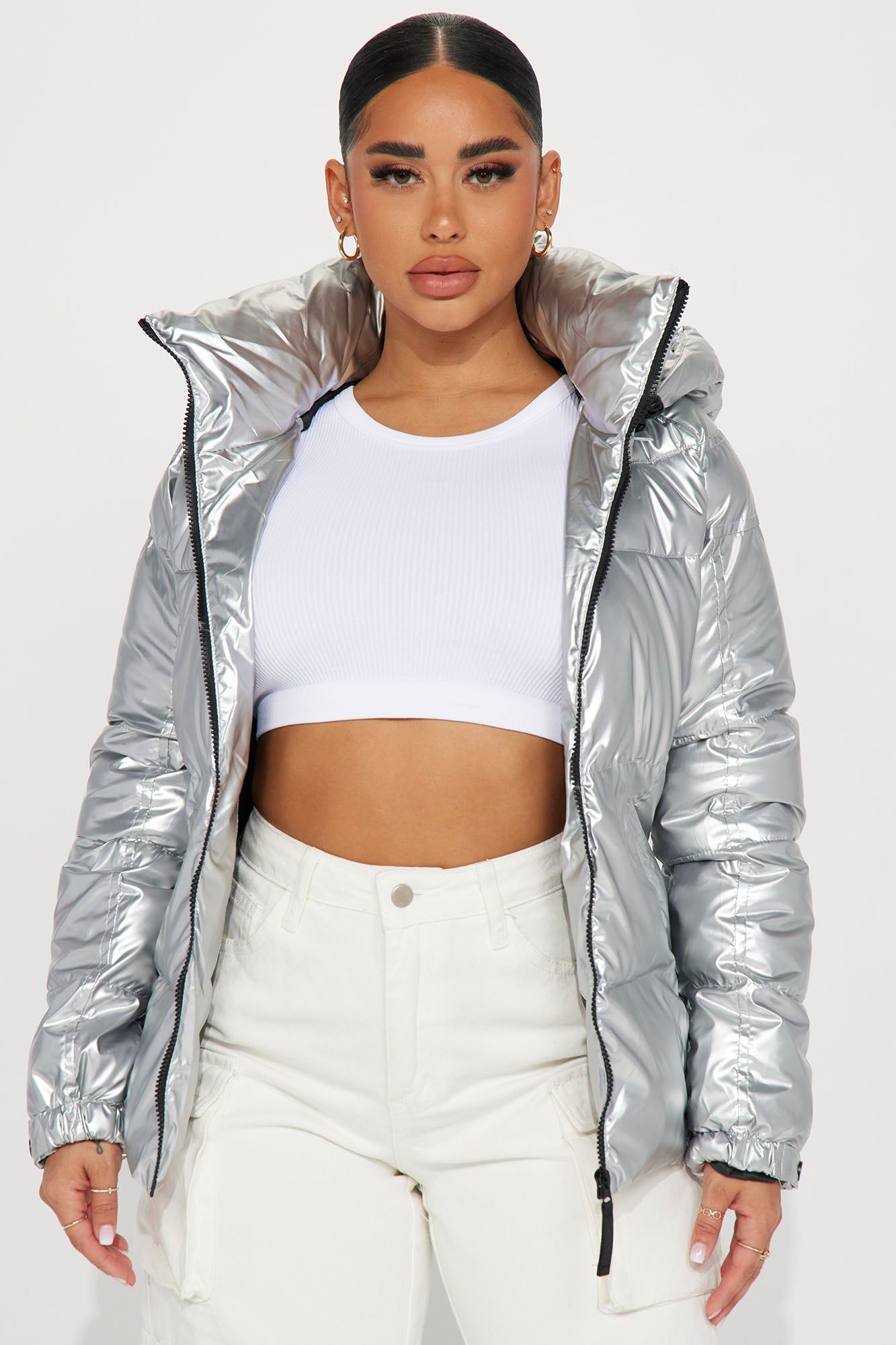 I Need Space Metallic Puffer Jacket - Silver sold by Fashion Nova
