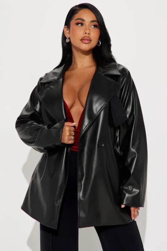 Running Errands Faux Leather Coat - Black sold by Fashion Nova