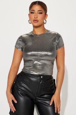 For The Night Metallic Top - Silver sold by Fashion Nova