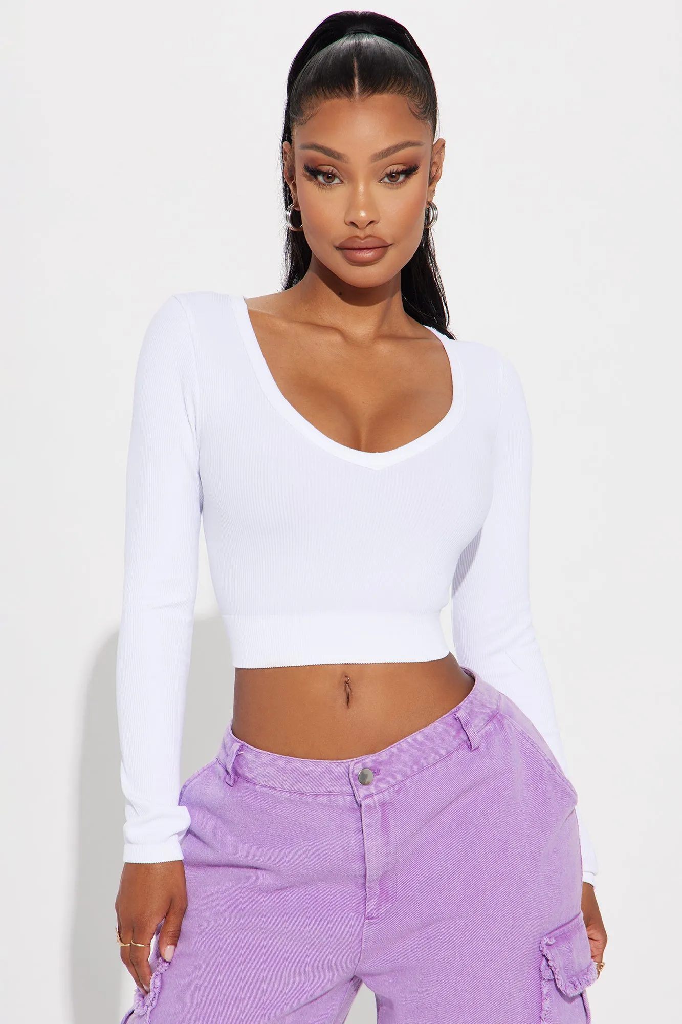 Kelly V Neck Long Sleeve Top - White sold by Fashion Nova