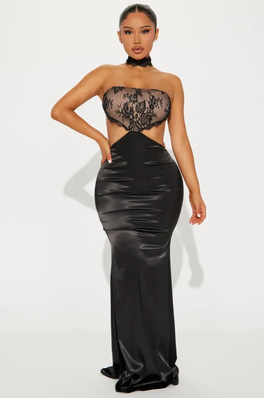Kali Lace Satin Gown - Black sold by Fashion Nova