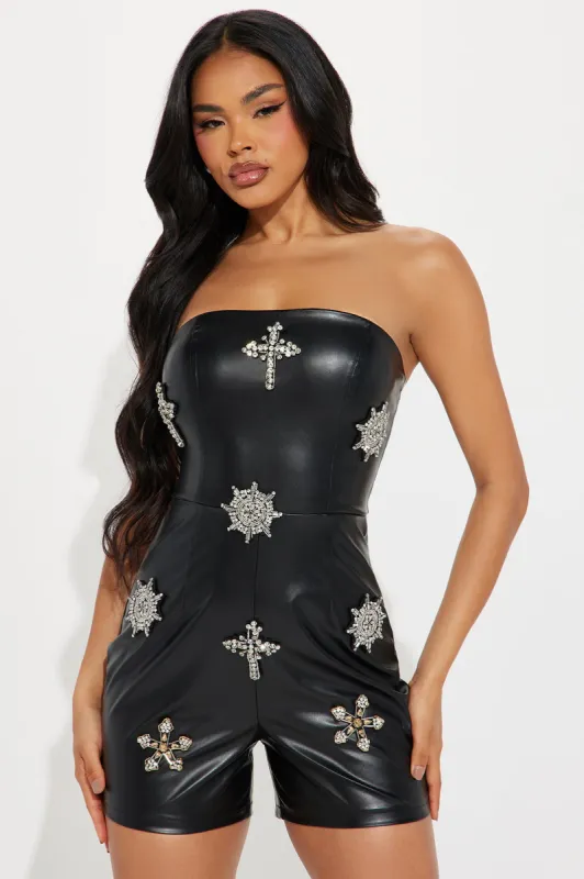 Dolce Faux Leather Romper - Black sold by Fashion Nova