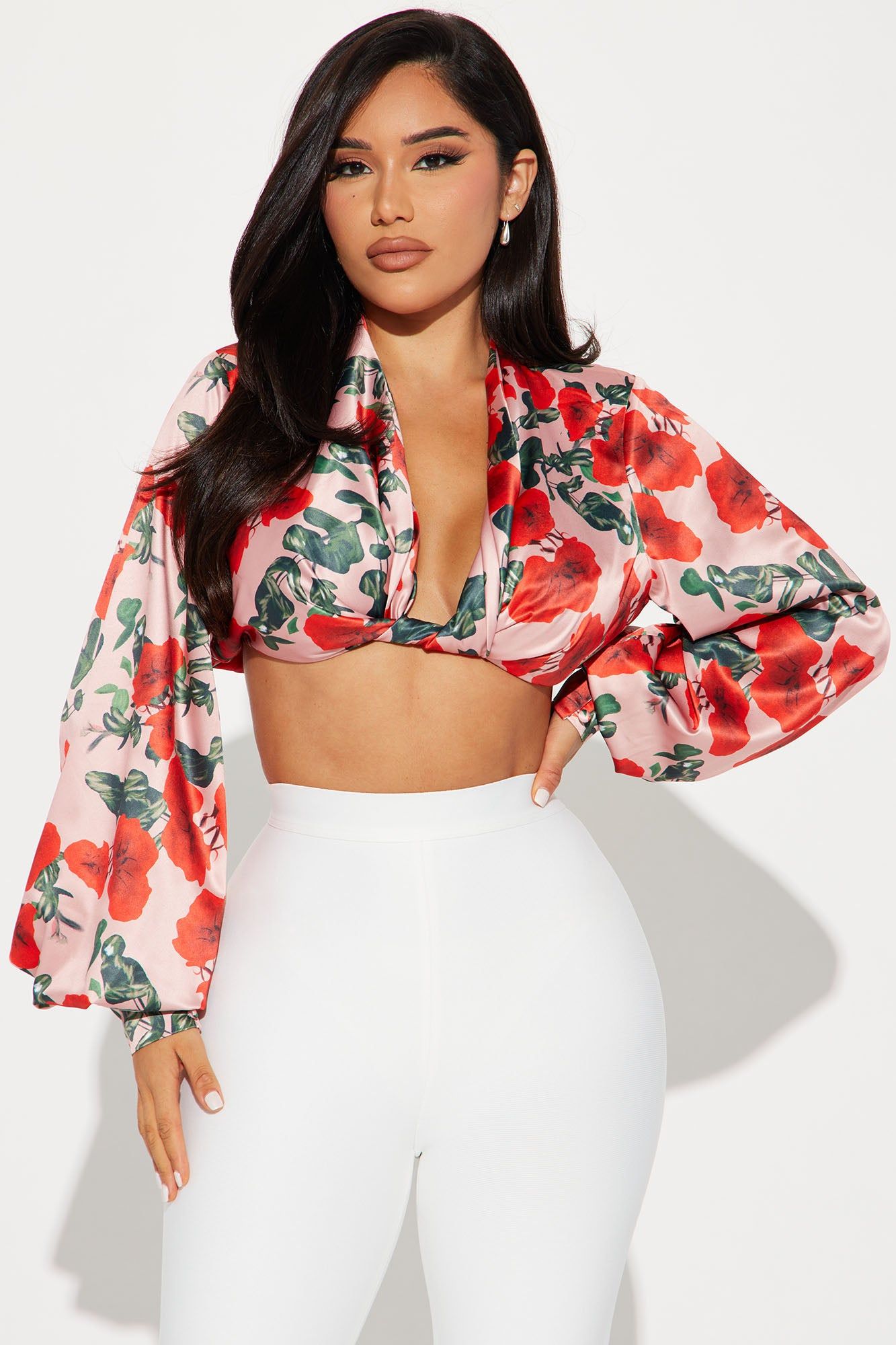 From My Garden Satin Blouse Top - Pink/combo sold by Fashion Nova