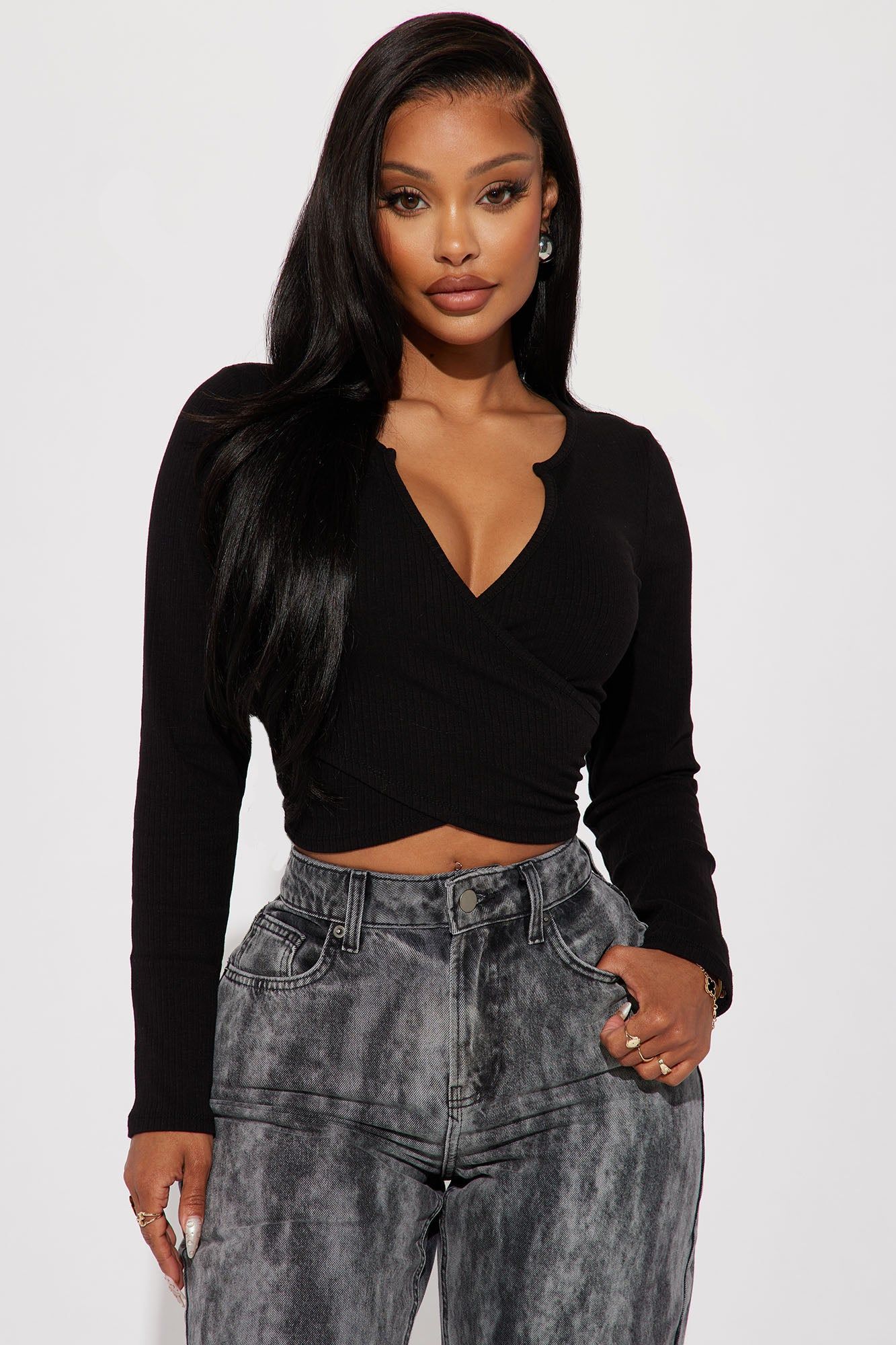 Katrina Long Sleeve Crop Top - Black sold by Fashion Nova