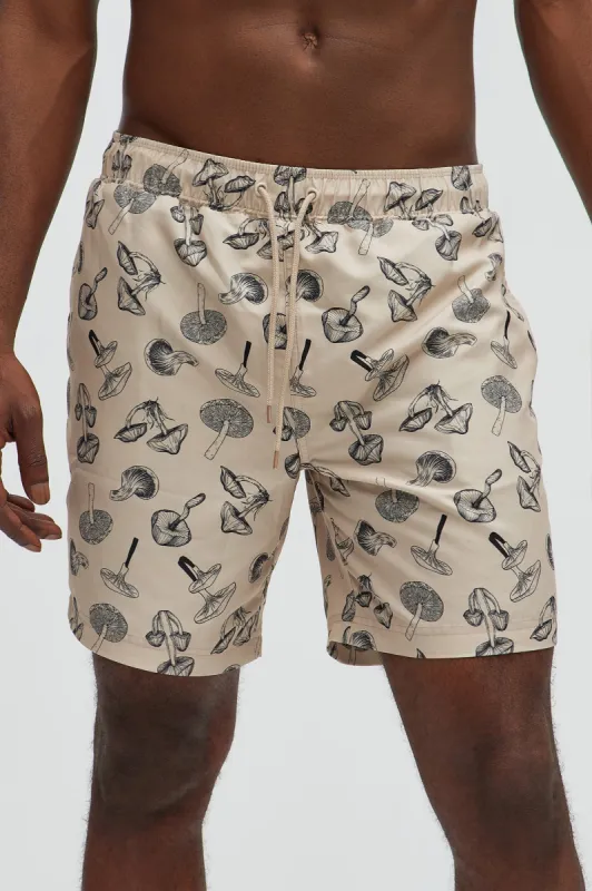 All Over Shrooms Swim Trunks - Natural/Combo sold by Fashion Nova