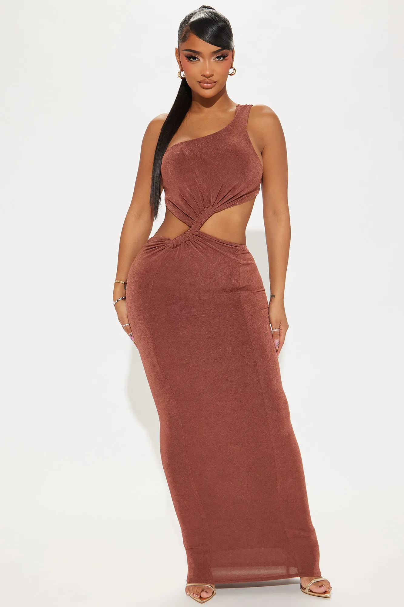 Cassandra Slinky Maxi Dress - Brown sold by Fashion Nova