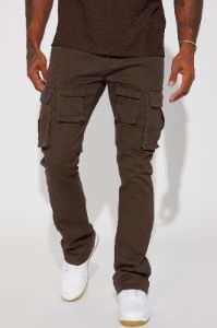 Keep Moving Stacked Skinny Flared Cargo Pants - Brown sold by Fashion Nova