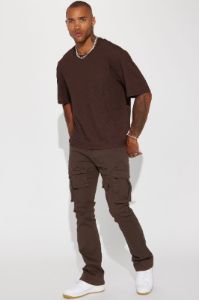 Keep Moving Stacked Skinny Flared Cargo Pants - Brown sold by Fashion Nova