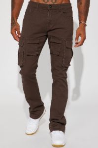 Keep Moving Stacked Skinny Flared Cargo Pants - Brown sold by Fashion Nova
