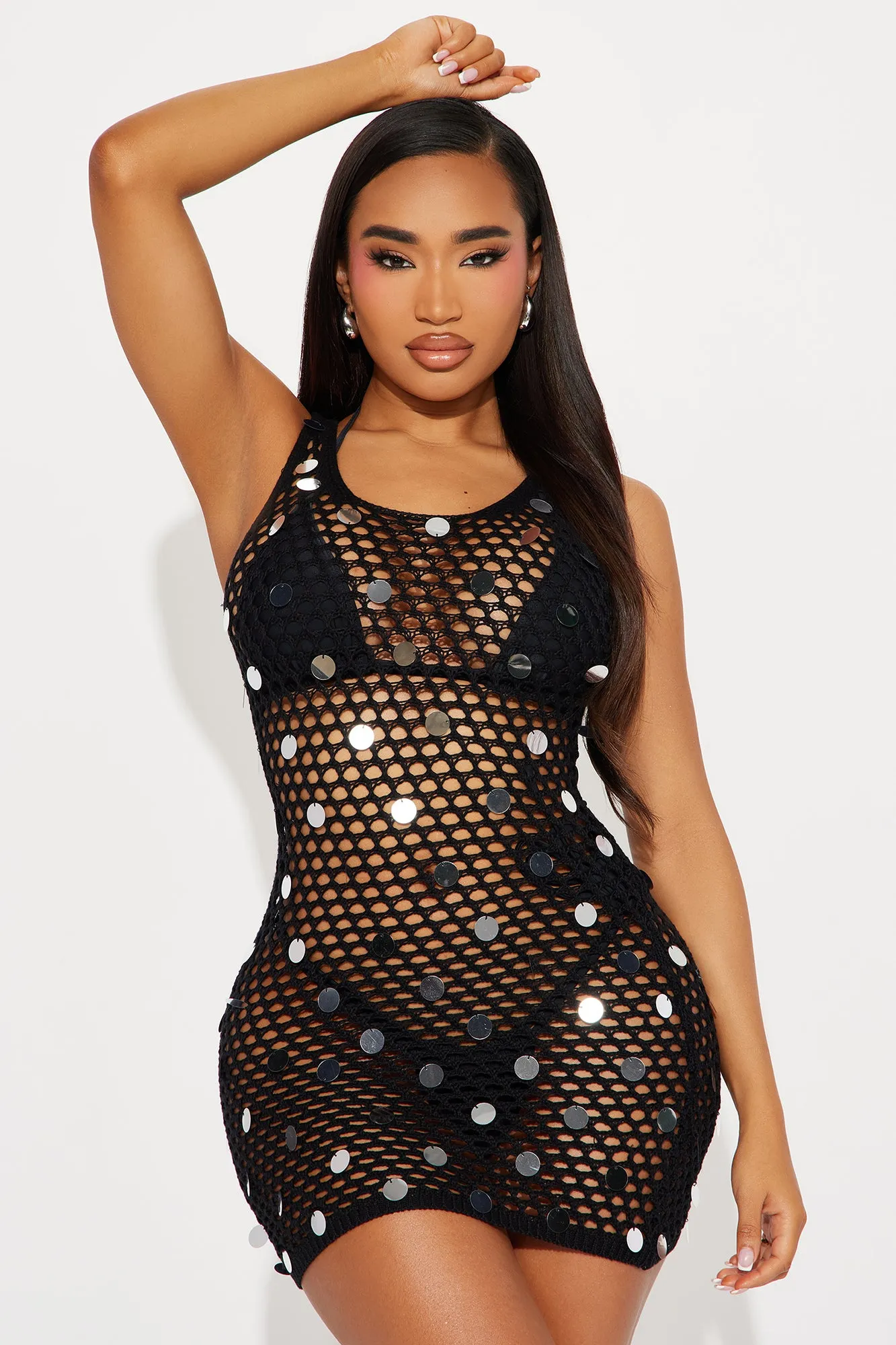 Poolside Cabana Sequin Crochet Cover Up Dress - Black/Silver sold by Fashion Nova